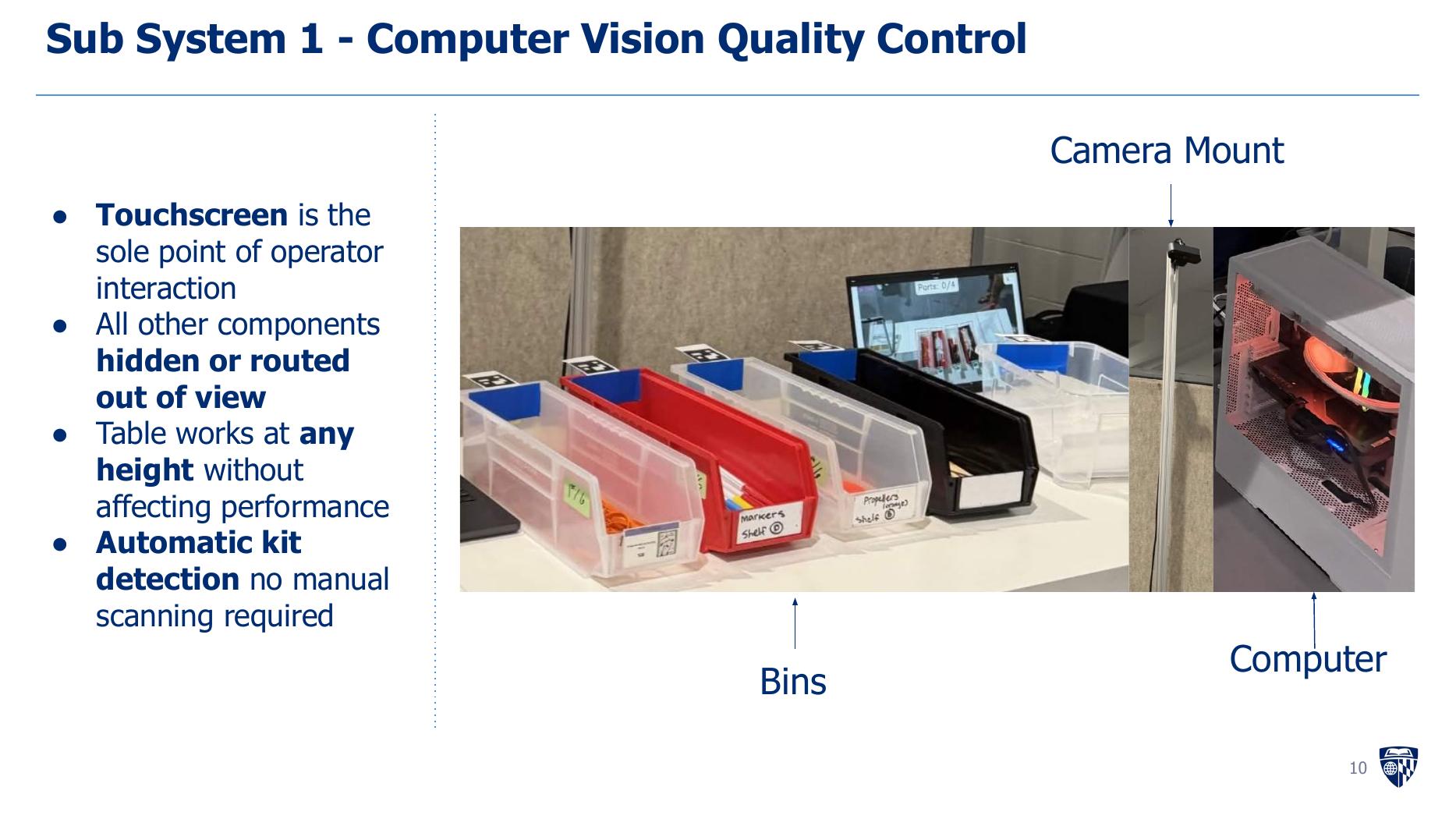 FutureMakers computer-vision workstation with overhead camera, touchscreen, computer, and marked parts bins