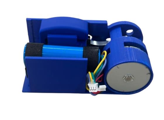 Compact blue motor, battery, PCB, piston, and custom housing assembly