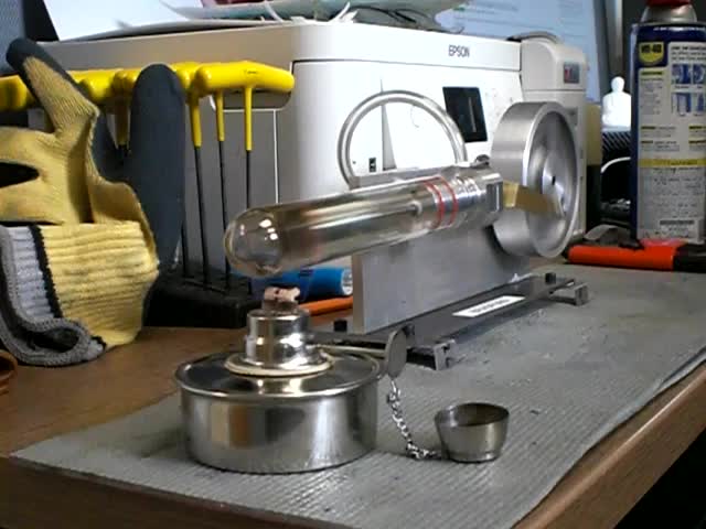 Assembled Stirling engine operating over a burner
